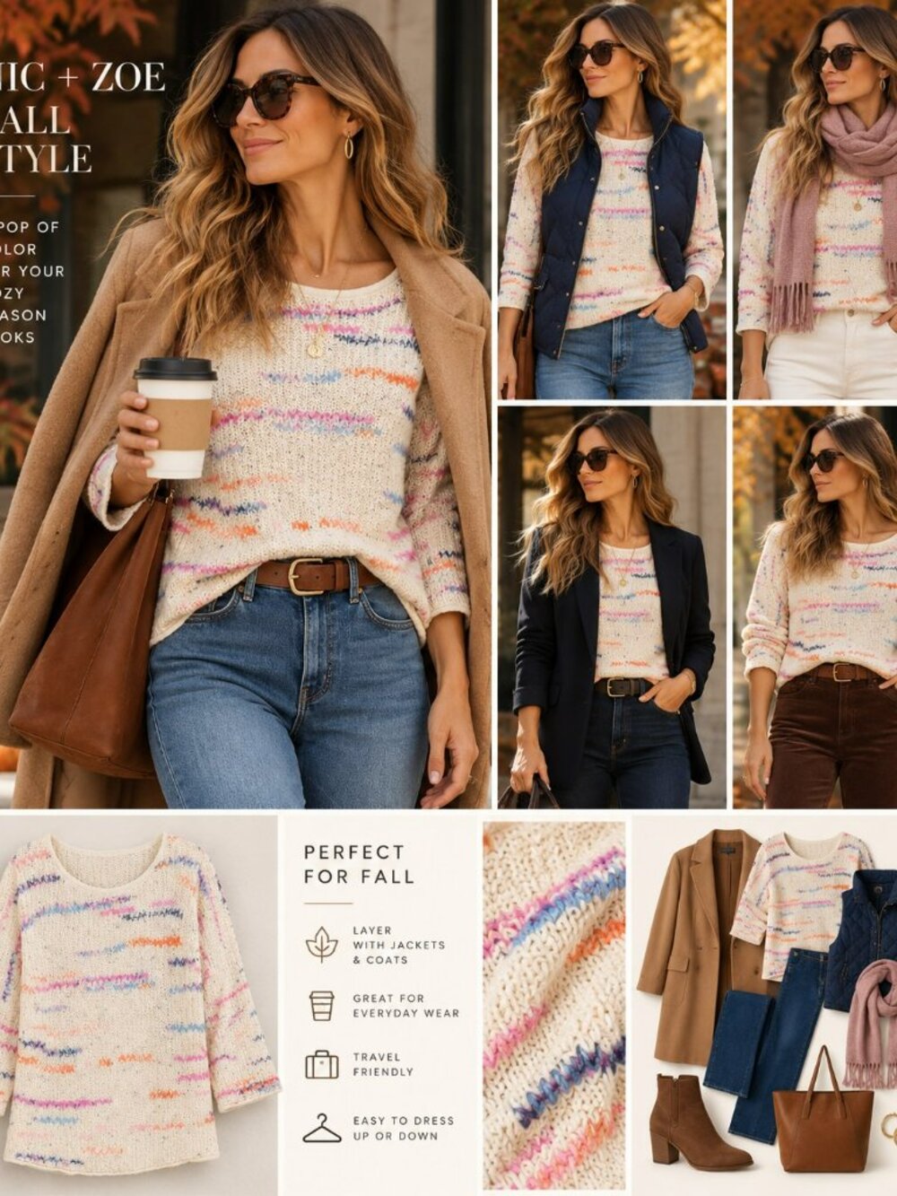 NIC+ZOE Petite S Multicolor Space Dye Knit Sweater Cream Fall Cozy
